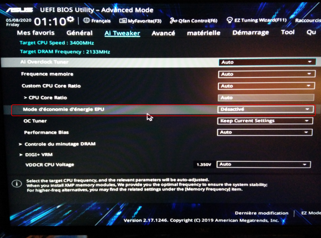 BIOS UEFI : Désactiver l'économie d'énergie EPU