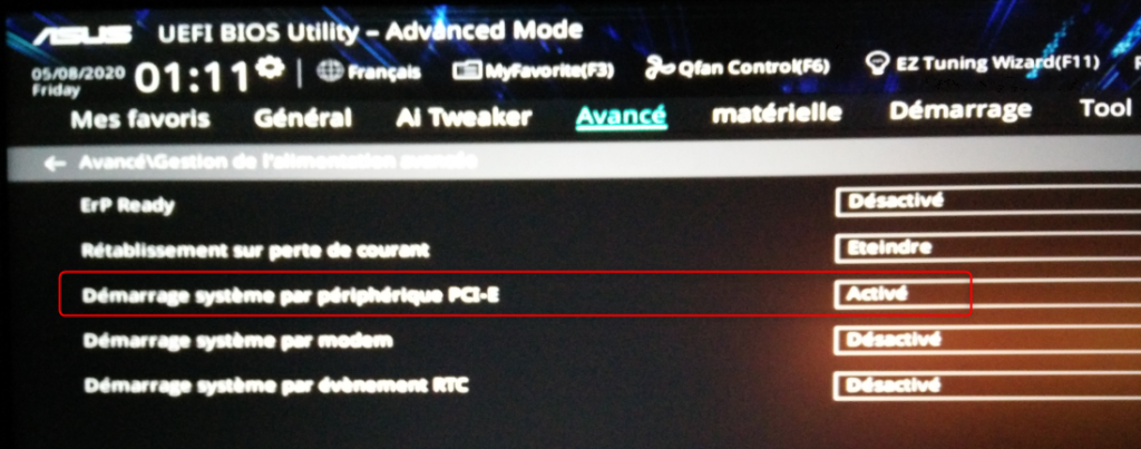 Démarrage système par périphérique PCI-E
